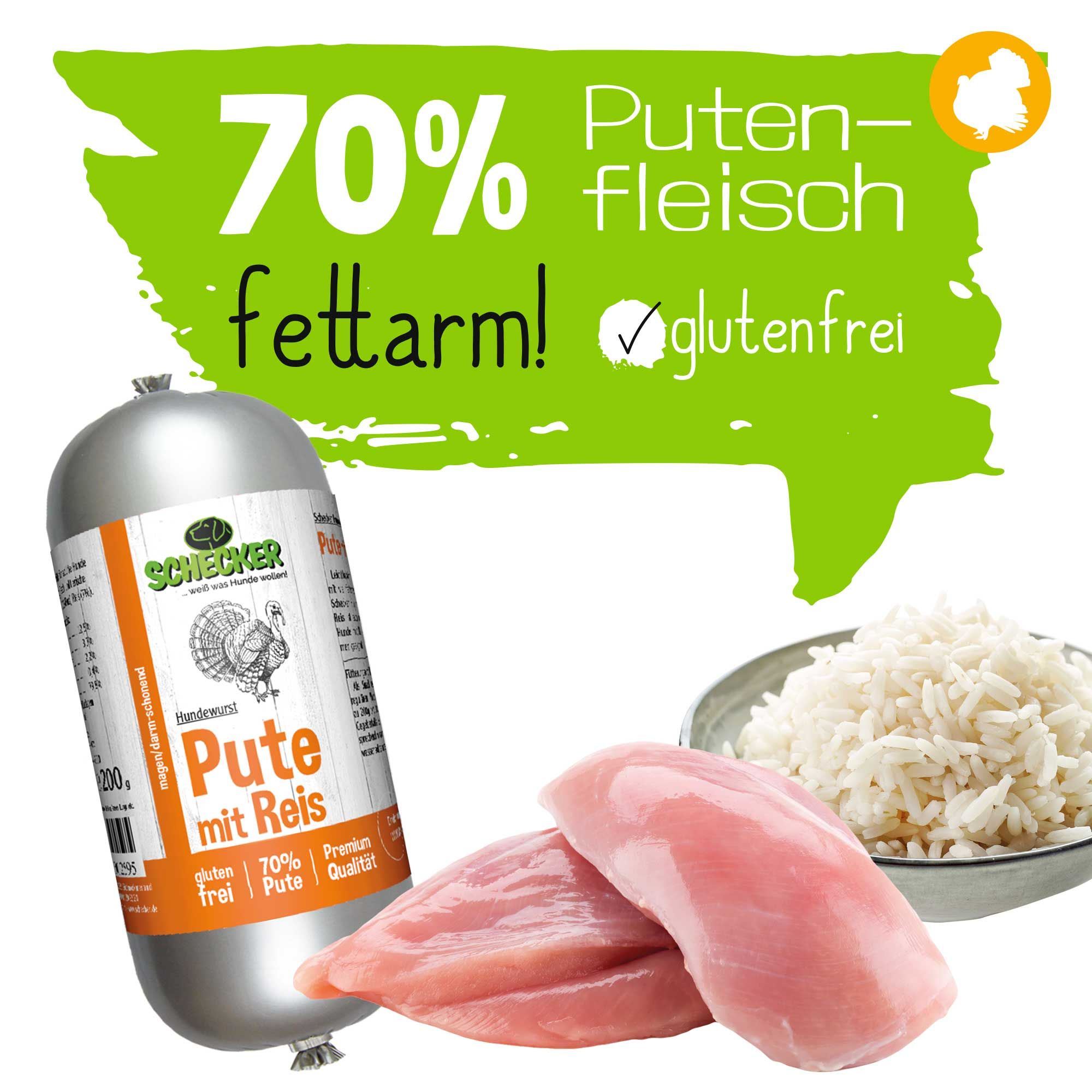 Wurst mit Etikett 'Pute mit Reis' neben Reis und Putenfleisch. Aufschrift: 'Schecker'. Text: '70% Putenfleisch fettarm! glutenfrei'.