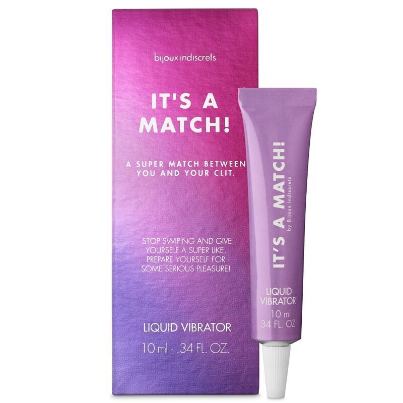 Lila Tube mit Produktnamen und Verpackung. Text: IT'S A MATCH! Liquid Vibrator, 10 ml. Marke: Bijoux Indiscrets.