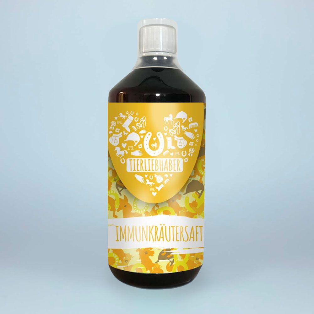 Braune Flasche mit weißem Deckel und gelbem Etikett. Auf dem Etikett steht "Tierliebhaber Immunkräutersaft". Der Hintergrund ist hellblau.