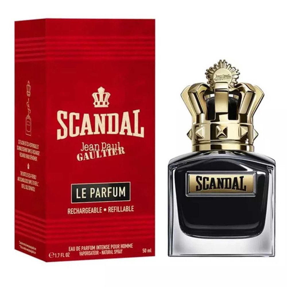 Dunkles Parfümflakon mit goldener Krone und roter Verpackung. Aufschrift: Scandal, Jean Paul Gaultier, Le Parfum. 50ml.