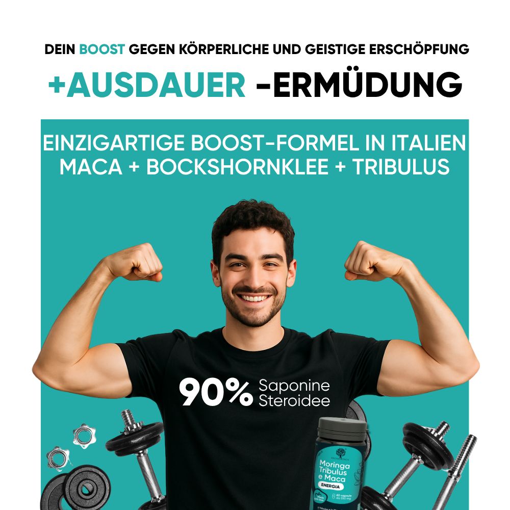 Mann mit Produkt und Hanteln. Text: 2 Kapseln + Energie. Ohne Zucker. Pflanzliche Kapseln.
