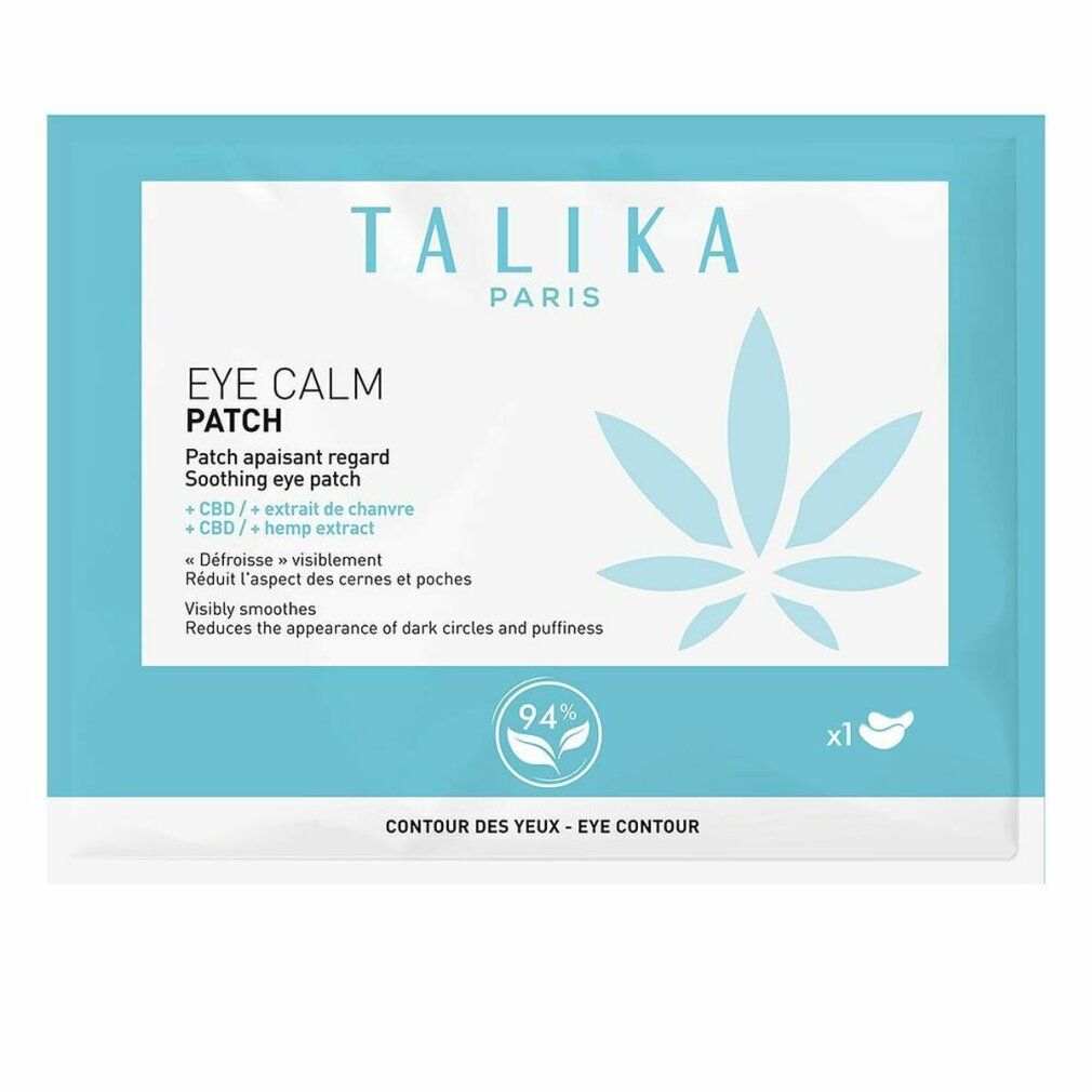 Verpackung Talika Eye Calm Patch. Weiß-blaue Verpackung mit Produktnamen und Hanfblatt-Logo. Enthält 1 Patch.