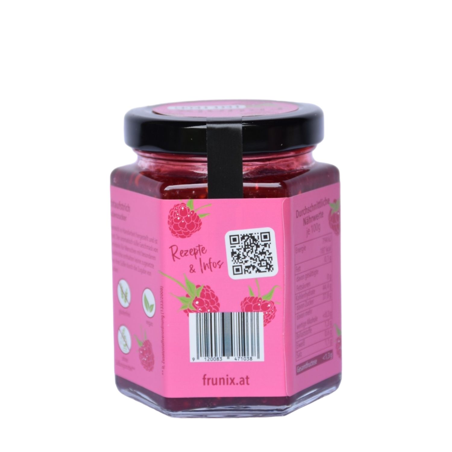 Glas mit Himbeer-Fruchtaufstrich. Rückseite mit rosa Etikett. QR-Code und Barcode. Schwarzer Deckel. Aufschrift: Rezepte & Infos, frunix.at.