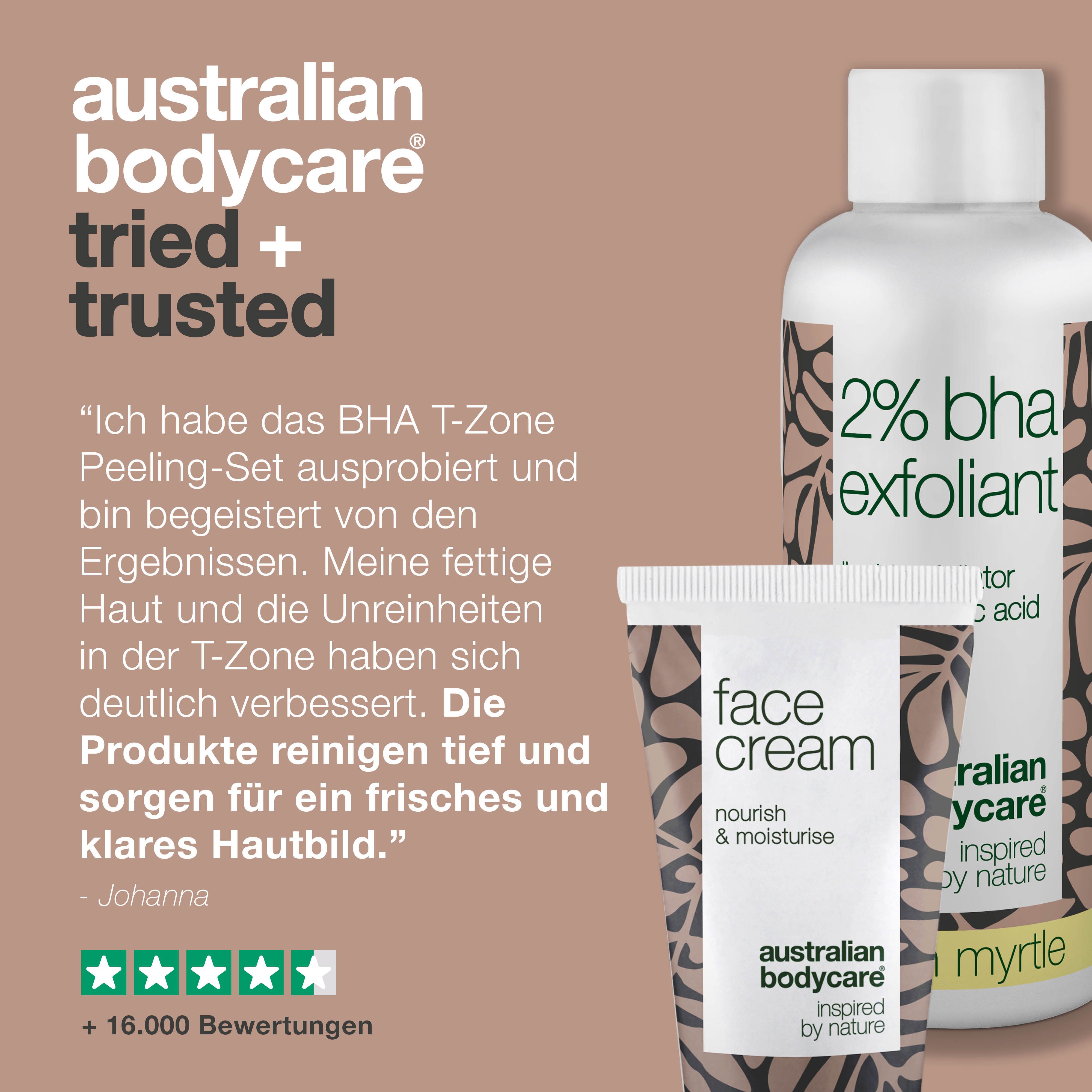 2% BHA Exfoliant und Face Cream. Text: Getestet und vertraut. Zitat und Sternebewertung.