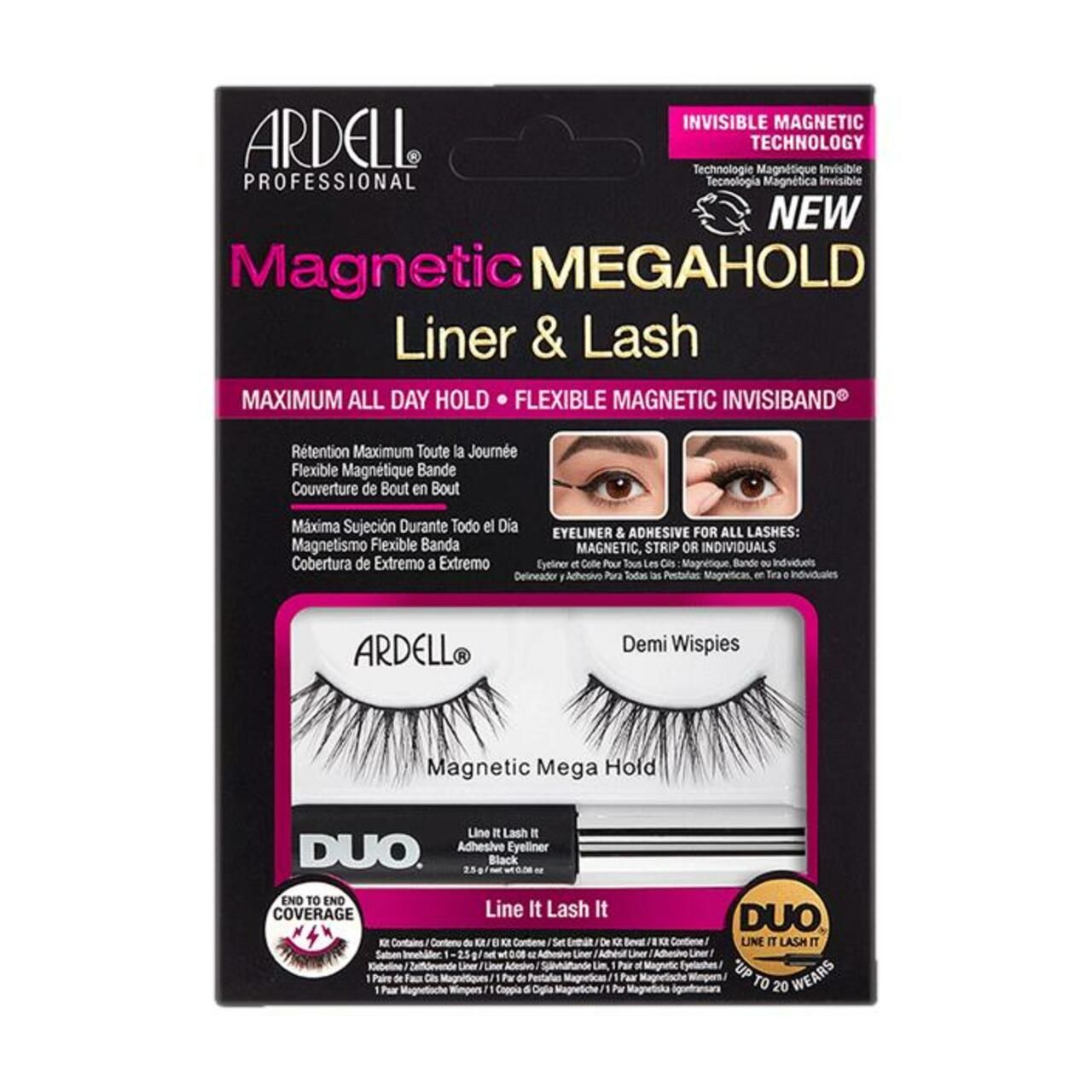 ARDELL Magnetic MegaHold Liner & Lash. Enthält Wimpern, Eyeliner und Kleber. Schwarze Verpackung mit Produktnamen.