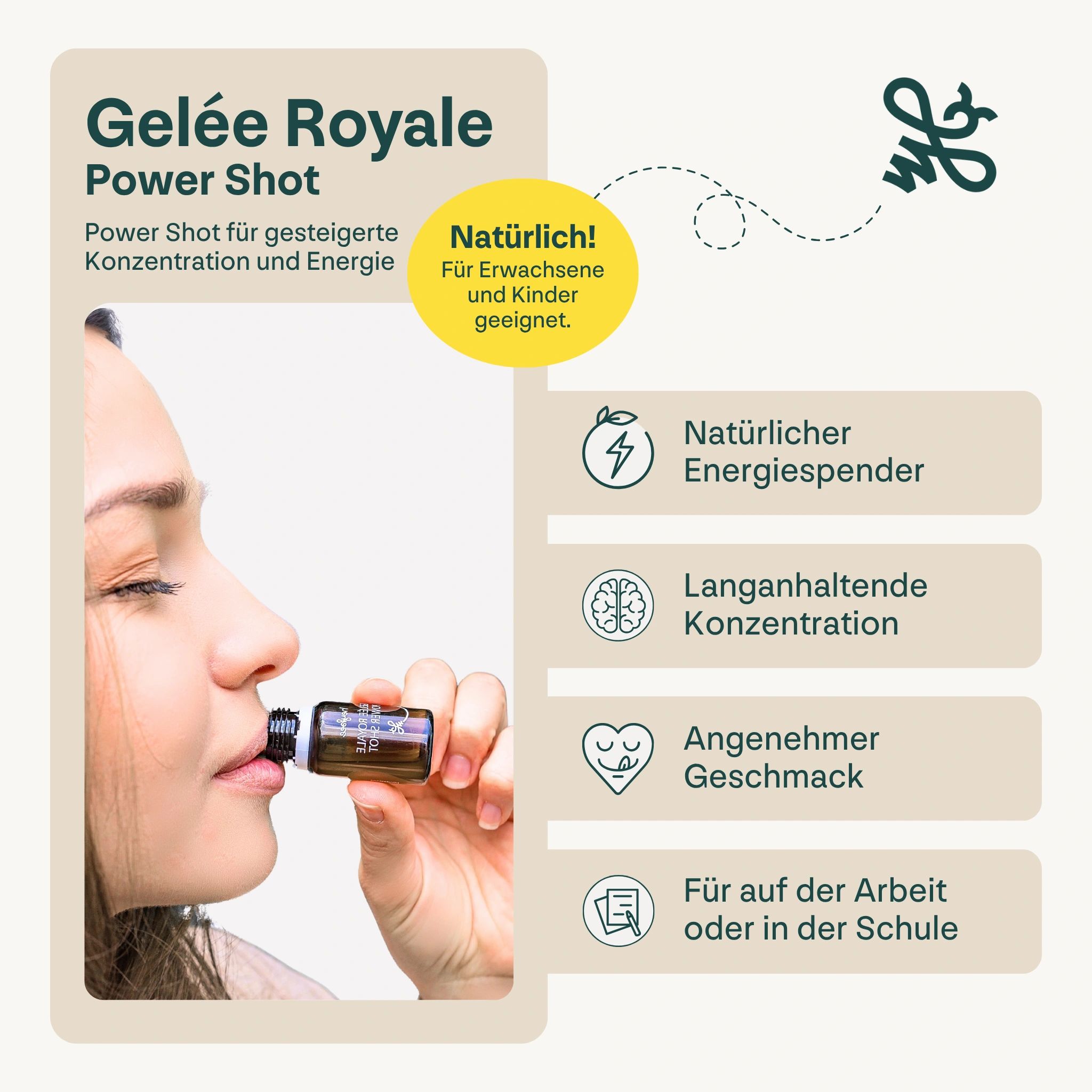 Frau trinkt Heybee Gelée Royale Power Shot. Text: Power Shot für gesteigerte Konzentration und Energie. Natürlicher Energiespender.