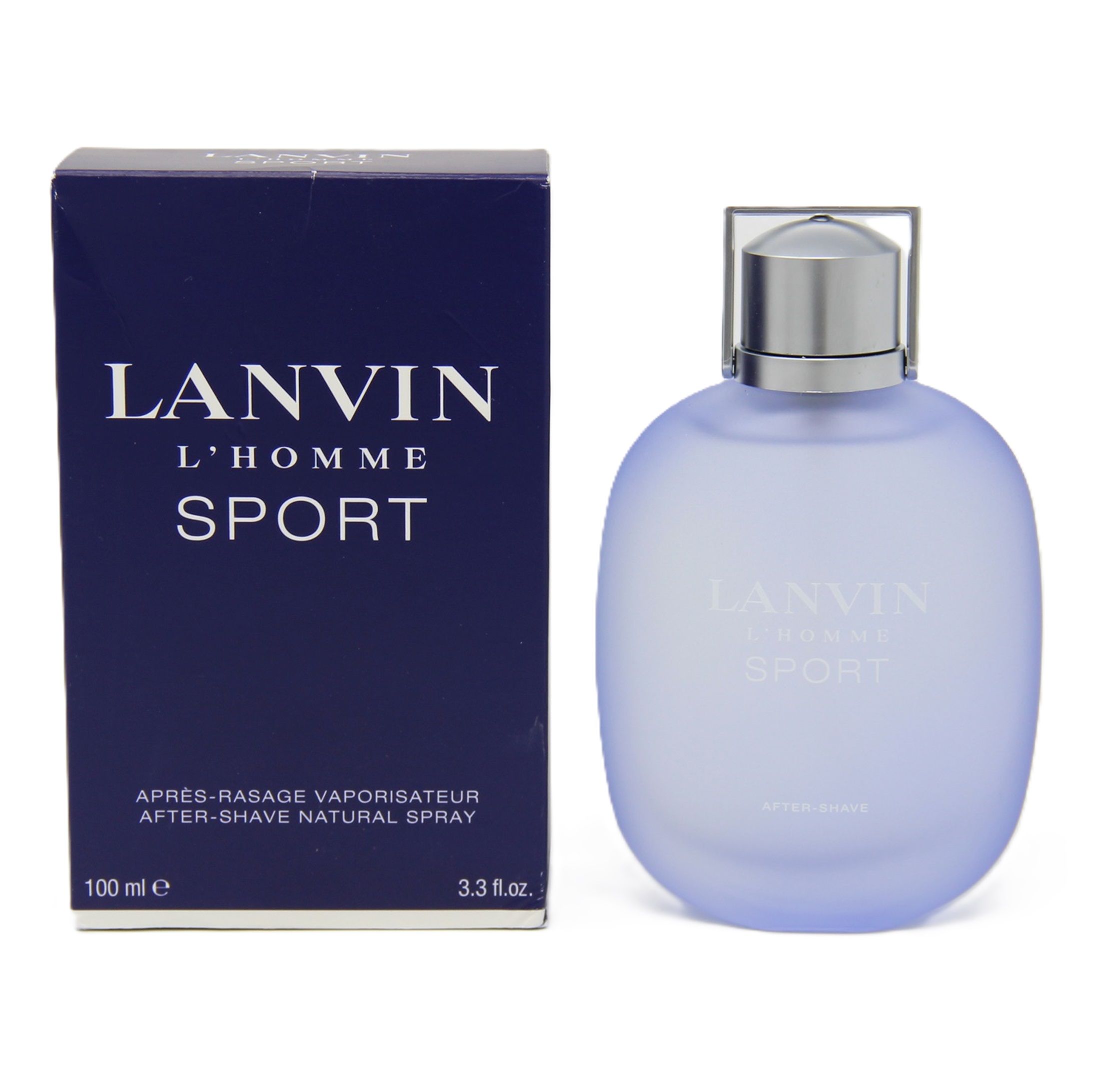 Blaues After-Shave-Spray mit Karton. Aufschrift: LANVIN L'HOMME SPORT. Flasche mit silbernem Verschluss.