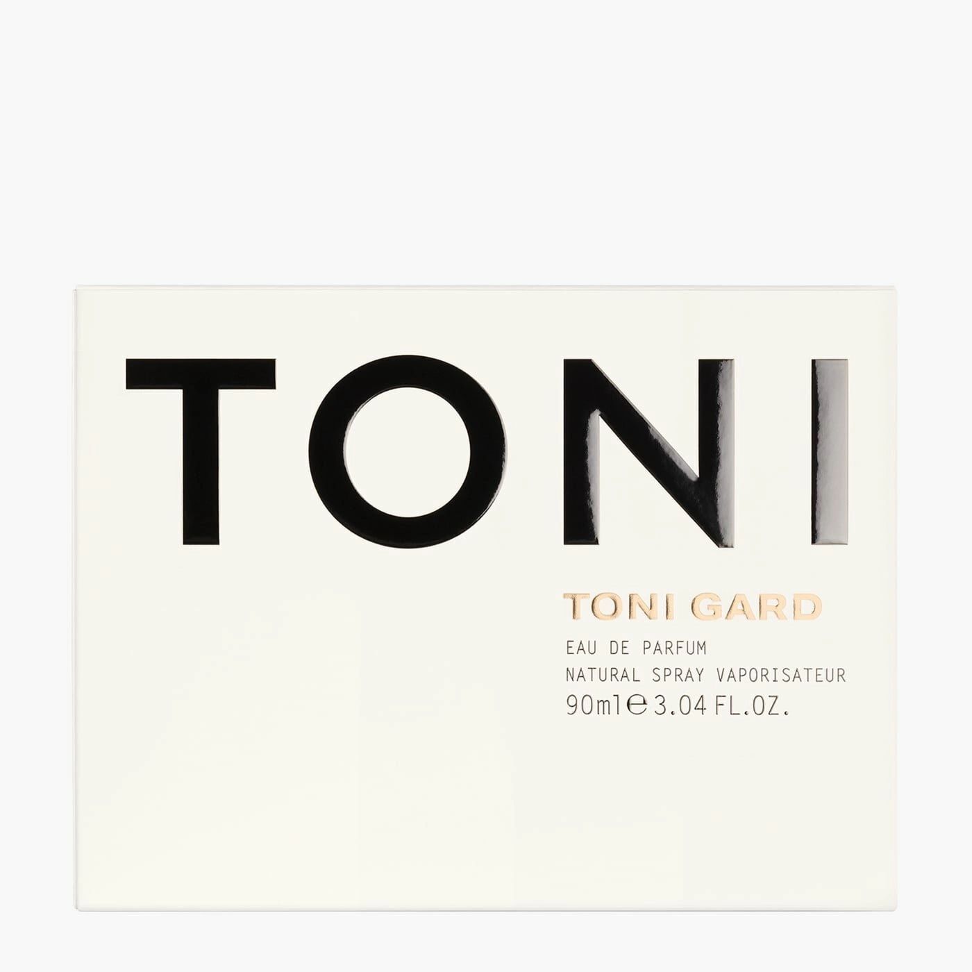 Weiße Verpackung mit schwarzem Schriftzug TONI und darunter TONI GARD. Eau de Parfum, Natural Spray Vaporisateur, 90ml.