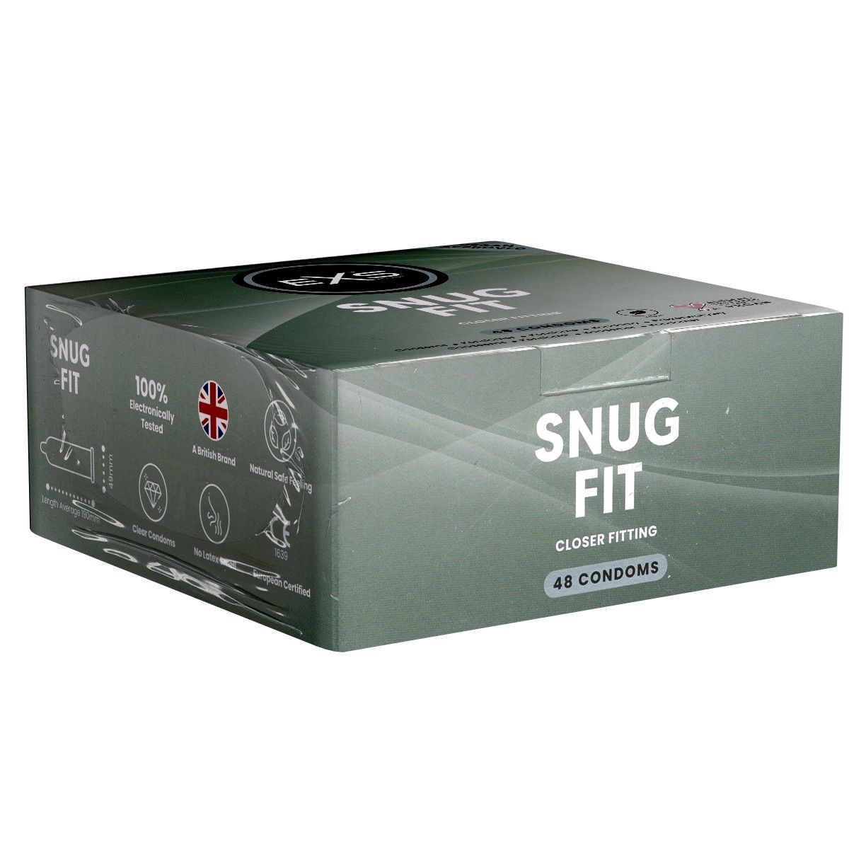 Boîte de préservatifs EXS Snug Fit Closer Fitting, 48 unités. Emballage avec drapeau britannique et certifications.