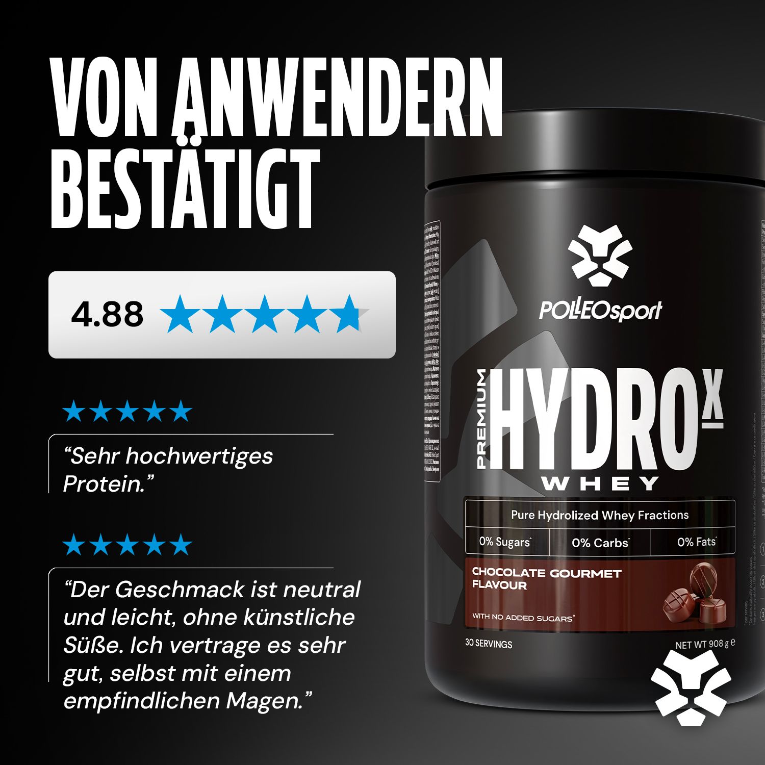 Schwarze Dose "HYDROX" mit "POLLEO sport" Logo. 30 Portionen, Chocolate Gourmet Flavour. 0% Zucker, Carbs, Fett.
