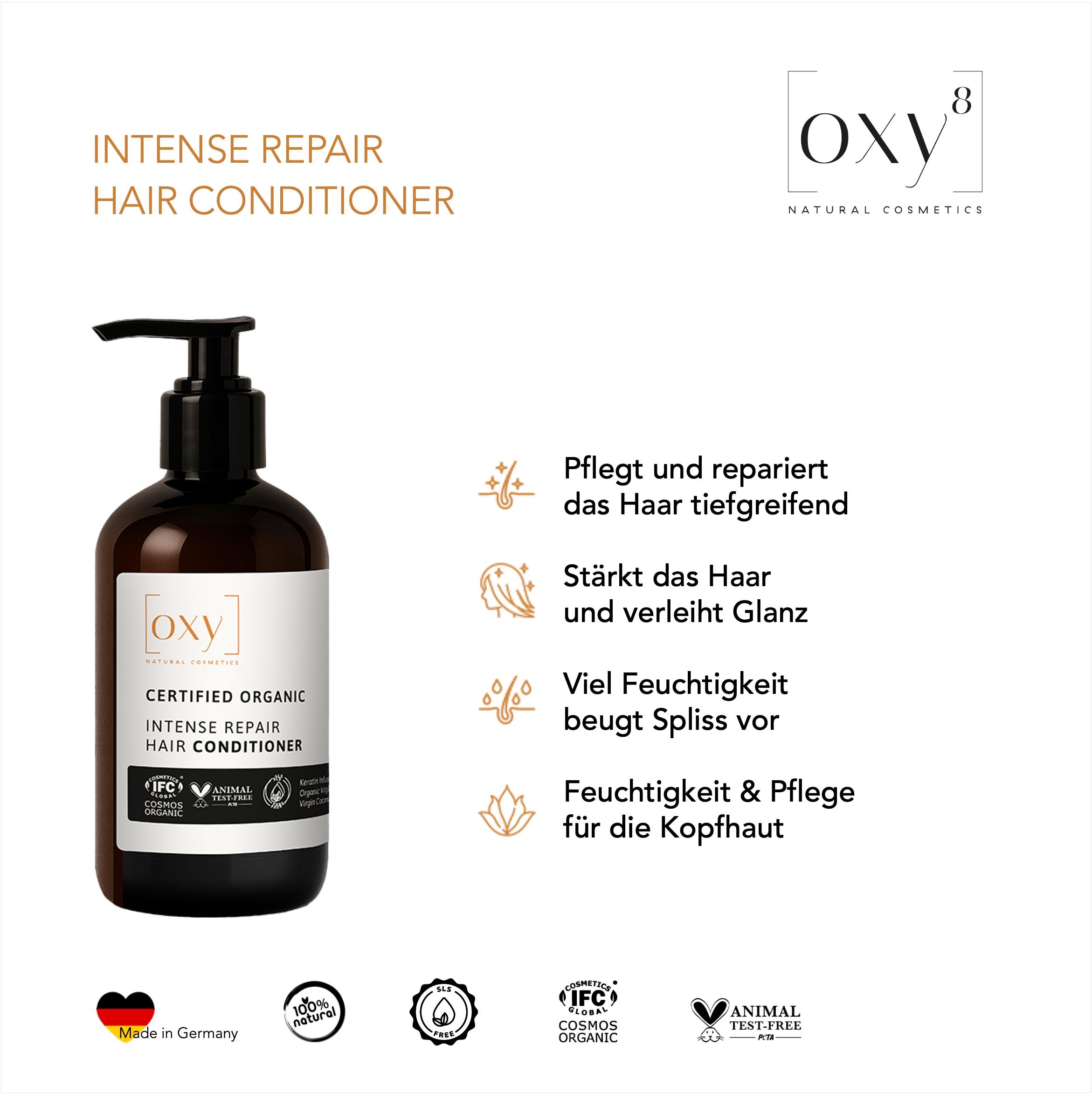 Eine braune Flasche mit schwarzem Pumpverschluss. Aufschrift: oxy8, Conditioner. Text und Symbole.