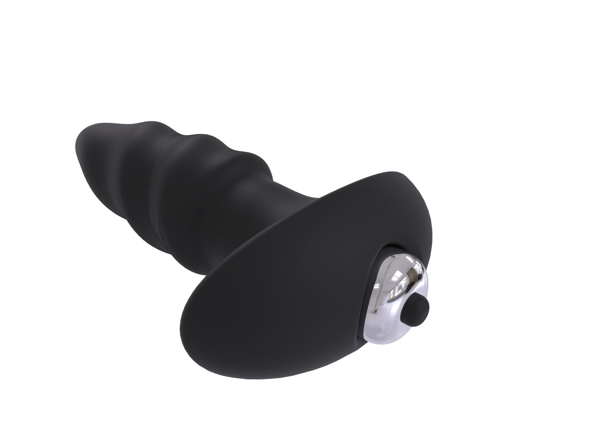 Schwarzer Analvibrator mit pilzförmigem Kopf und geriffelter Basis. Silberfarbener Knopf. Perspektivische Ansicht.