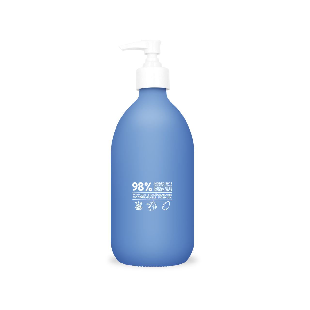 Blaue Flasche mit weißem Pumpkopf. Aufschrift: 98% Inhaltsstoffe, biologisch abbaubar. Symbole.