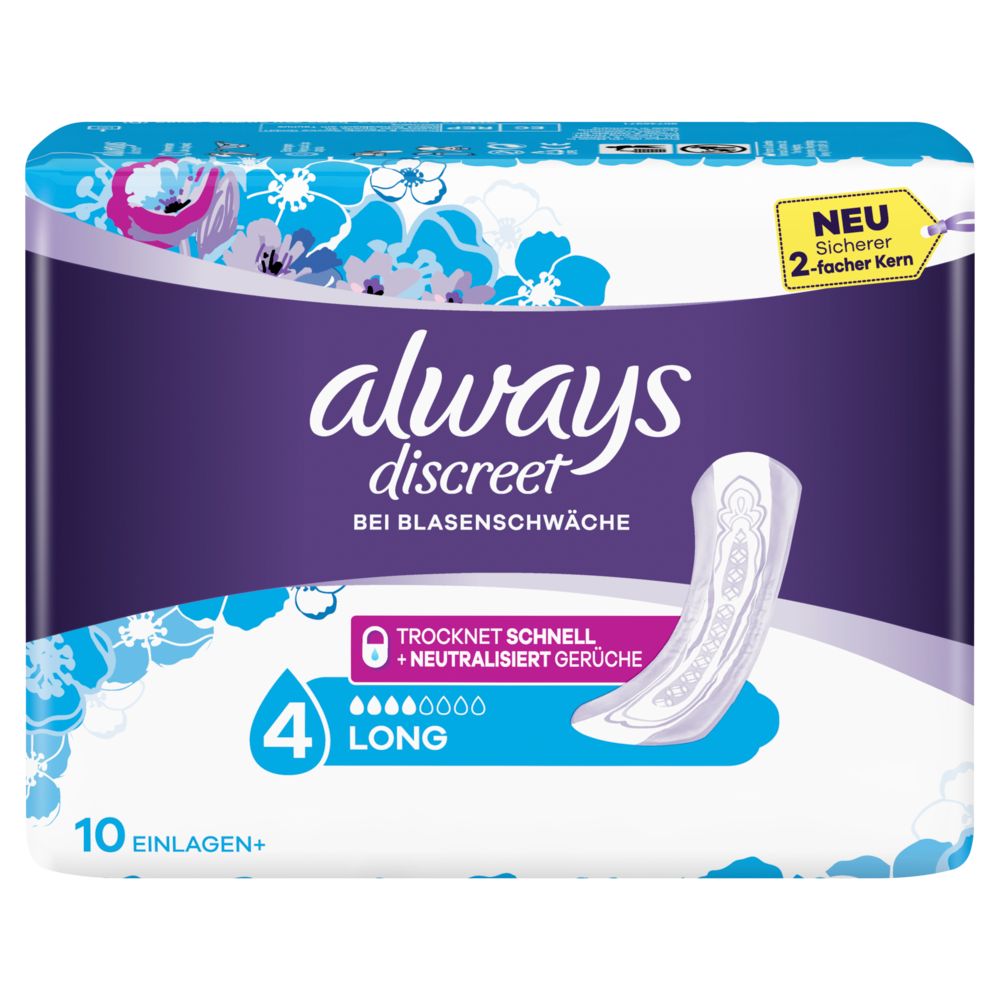 Always Discreet Long Plus Packung. Enthält 10 Einlagen. Mit floralem Design und Produktabbildung.