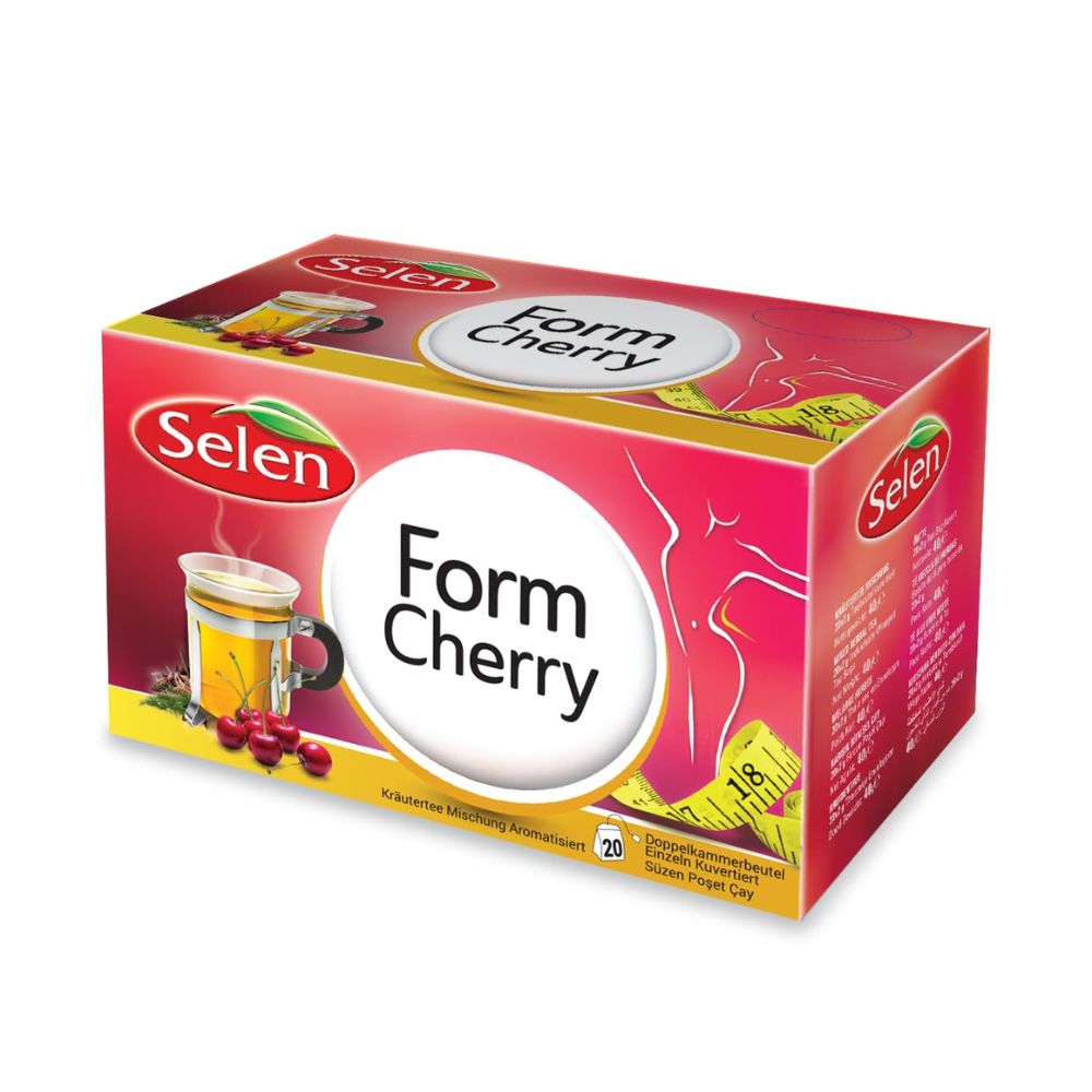 Verpackung von SELEN Form Kirsche Tee. Rote Schachtel mit Produktnamen und Kirschabbildung. 20 Beutel.
