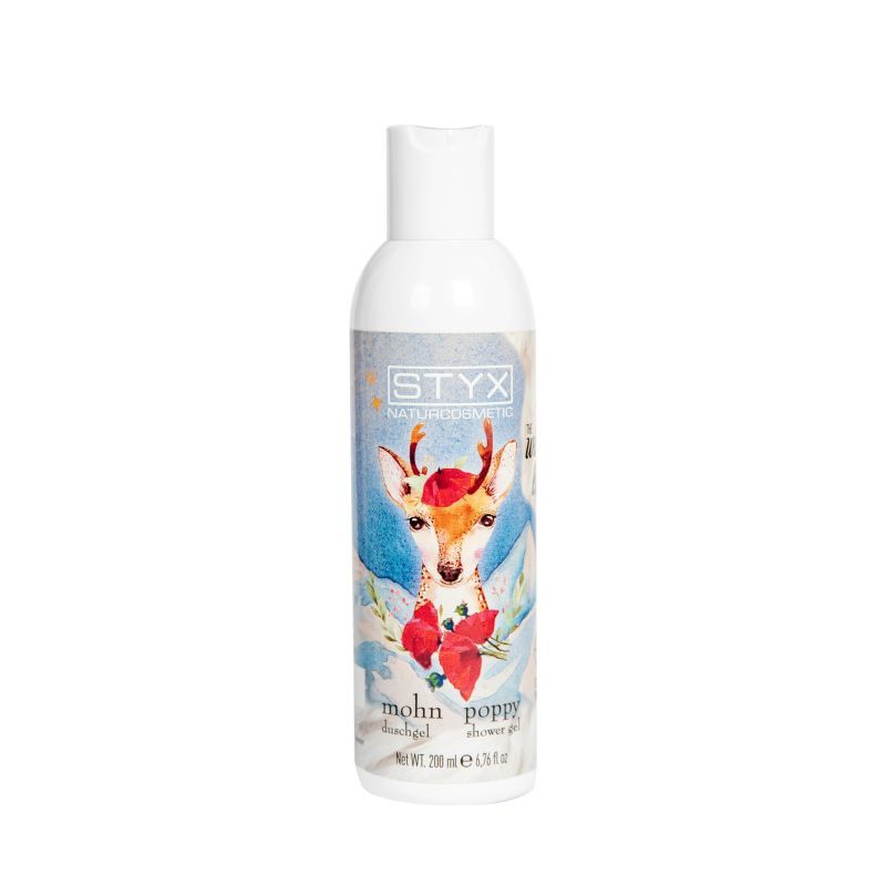 Weiße Flasche mit STYX-Logo und Wintermotiv. Abgebildet ist ein Reh mit Mohnblumen. Text: Mohn Poppy Duschgel.