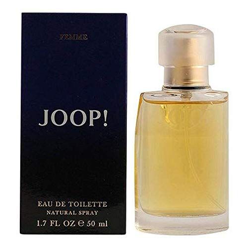 Joop! Flakon und Verpackung. Flakon mit goldfarbener Flüssigkeit. Verpackung blau-schwarz. Schriftzug "JOOP!".