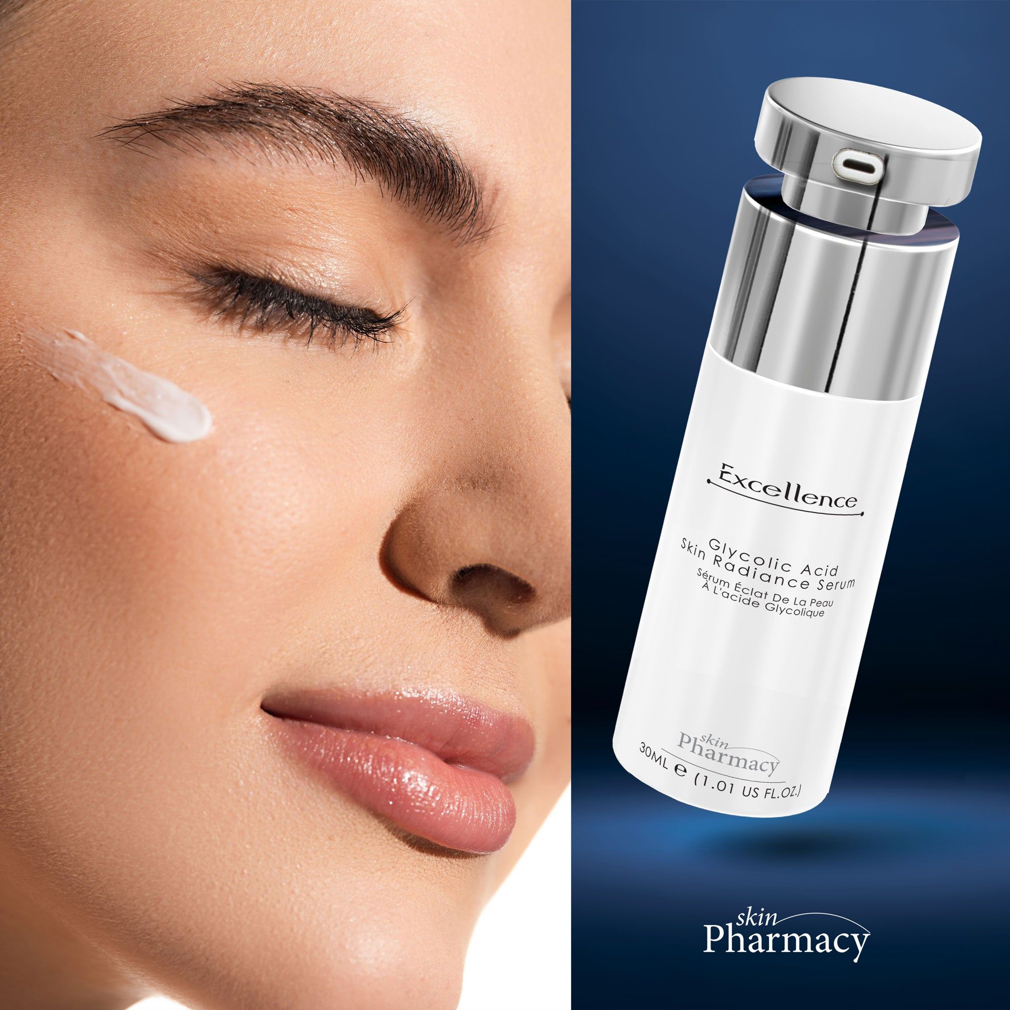 Serum und Gesicht. Aufschrift: Excellence, Glykolsäure Skin Radiance Serum, skinPharmacy, 30ml. Creme auf Haut.