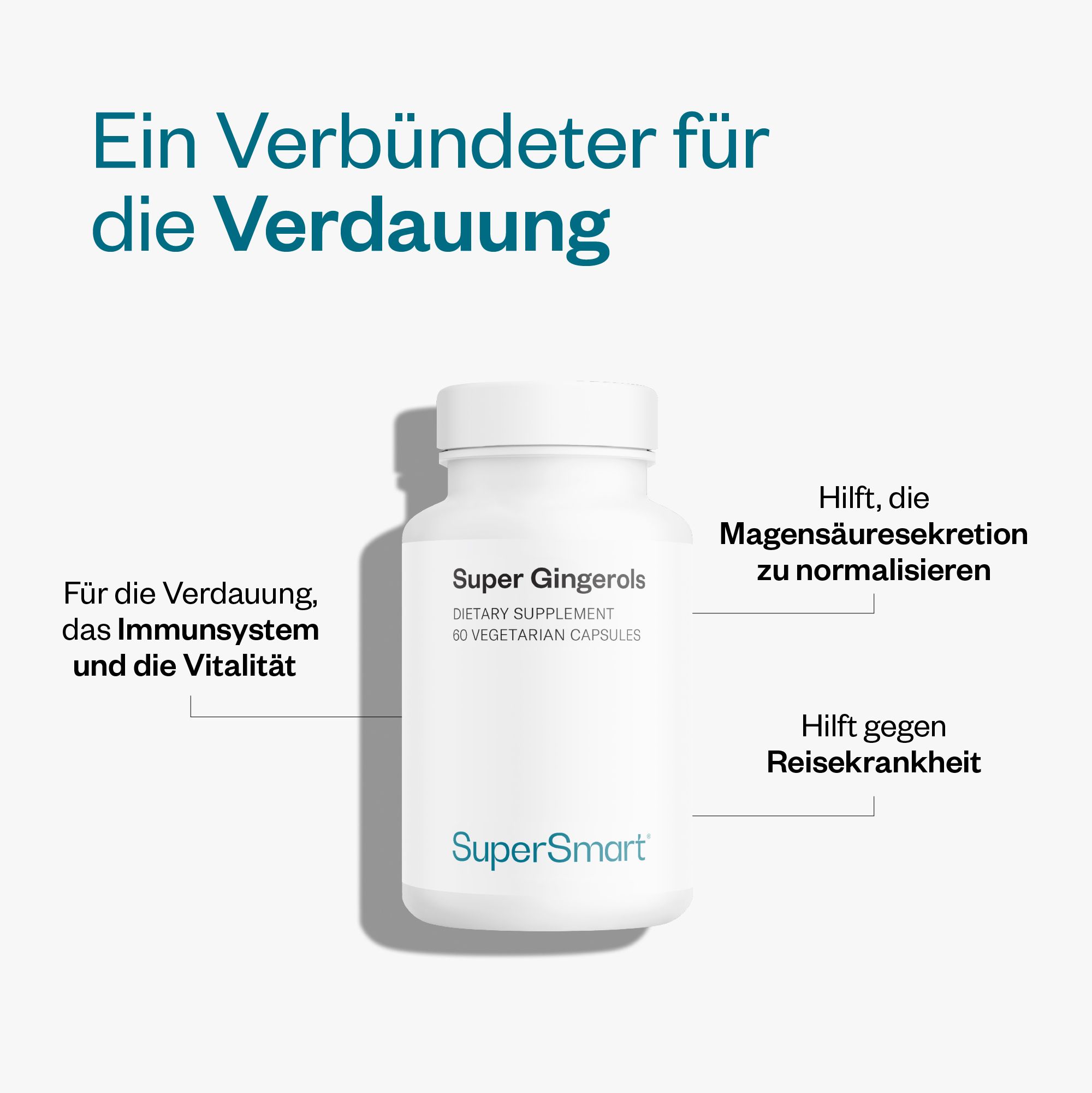 Weiße Flasche Super Gingerols. Nahrungsergänzungsmittel. Marke SuperSmart. Hilft bei Verdauung, Immunsystem und Reisekrankheit.