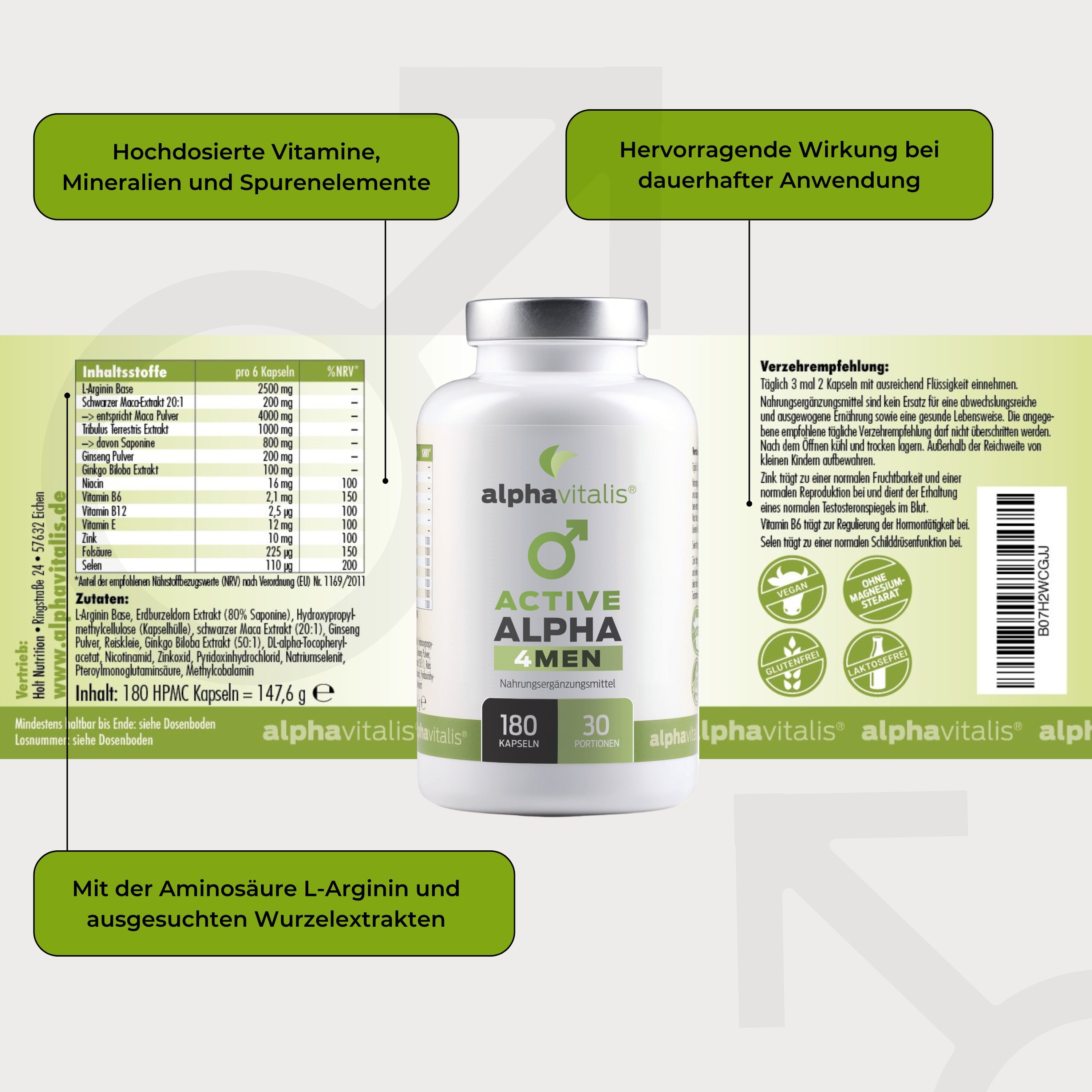 Alphavitalis Active ALPHA 4 Men: Behälter mit Nährwertangaben und Anwendungsempfehlung. Enthält L-Arginin und Wurzel-Extrakte.