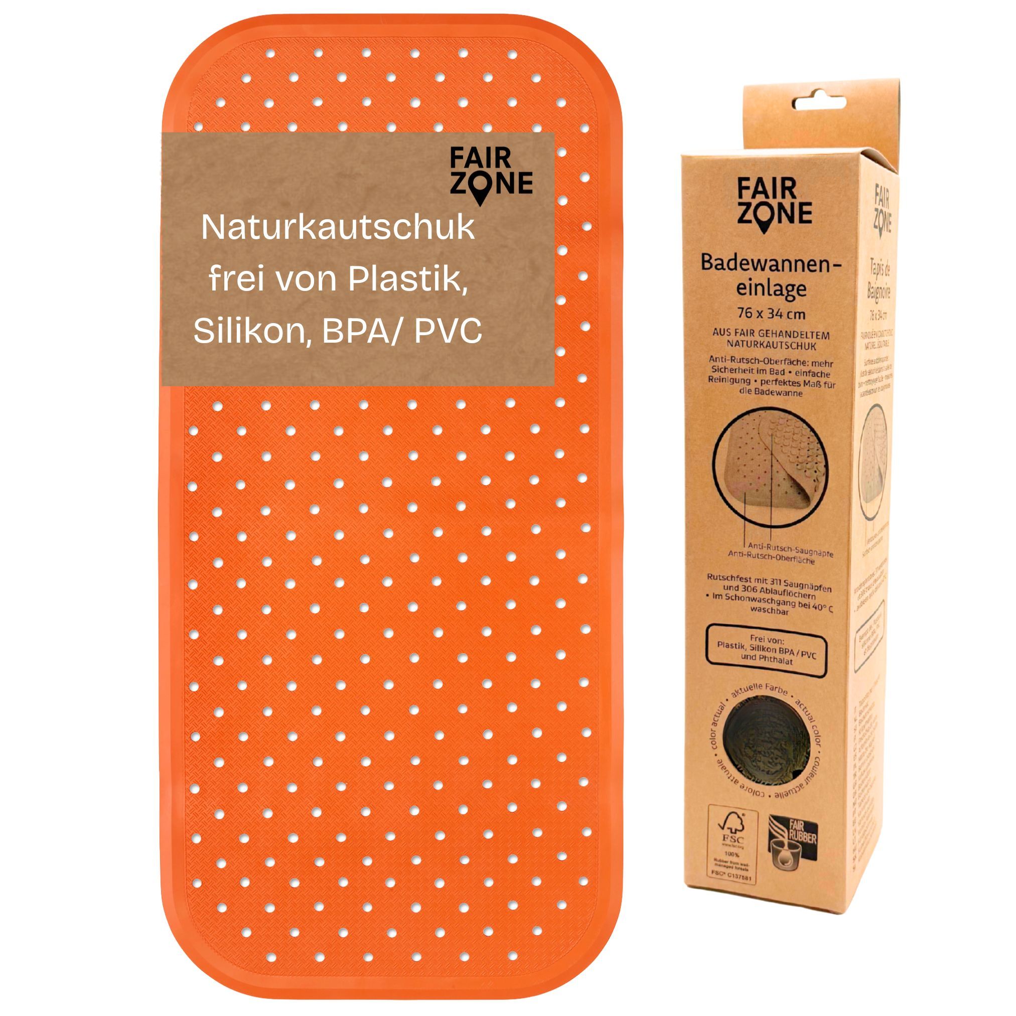 Orangefarbene Badewanneneinlage mit weißen Punkten und Produktinformationen. Verpackung mit Produktname und Maßen.