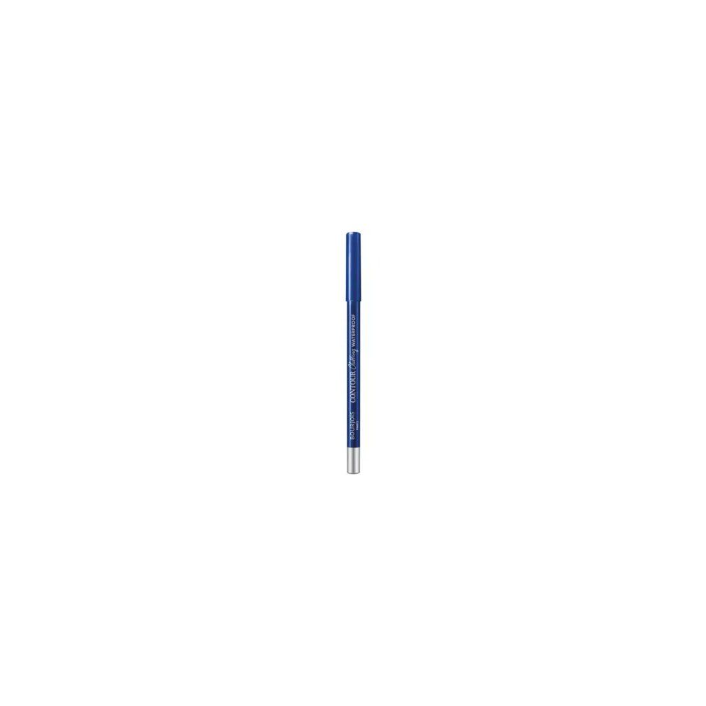 Blauer Eyeliner-Stift. Silberne Spitze, blaue Kappe. Produktname und Marke sind sichtbar.