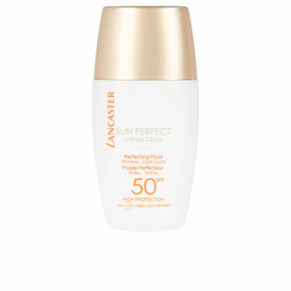Weiße Flasche mit goldfarbenem Deckel. Aufschrift: Lancaster Sun Perfect Infinite Glow, SPF 50. Produkt für Falten, dunkle Flecken.