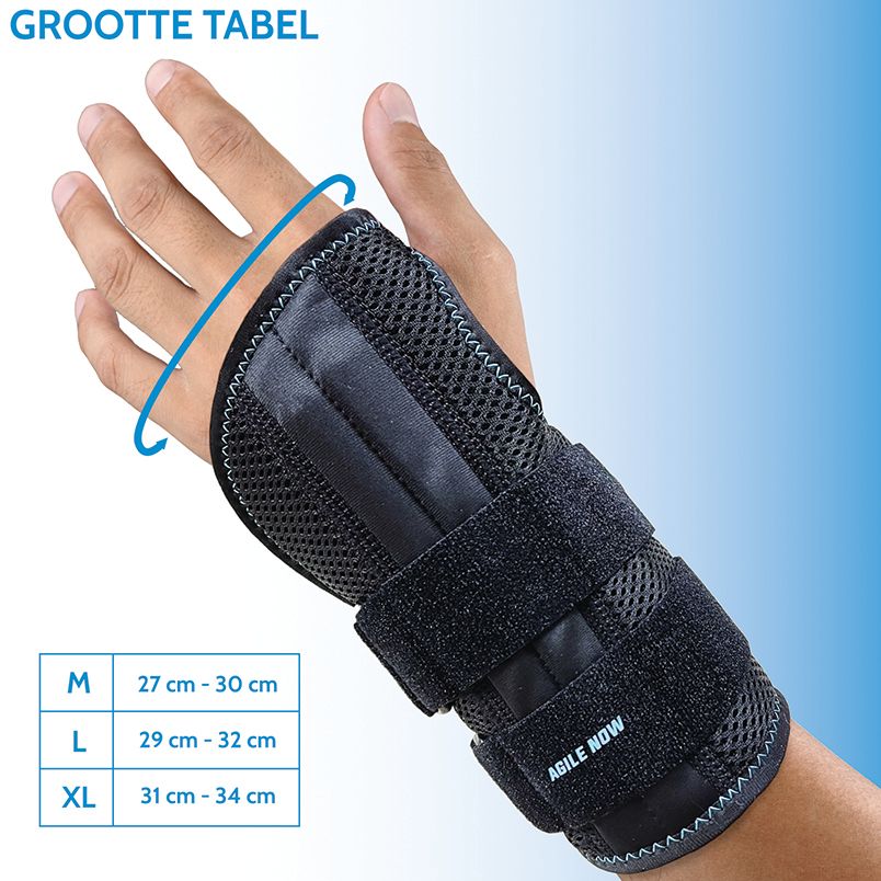 Polsbrace op een pols. Maatinformatie: M (27-30 cm), L (29-32 cm), XL (31-34 cm). Tekst: AGILE NOW.