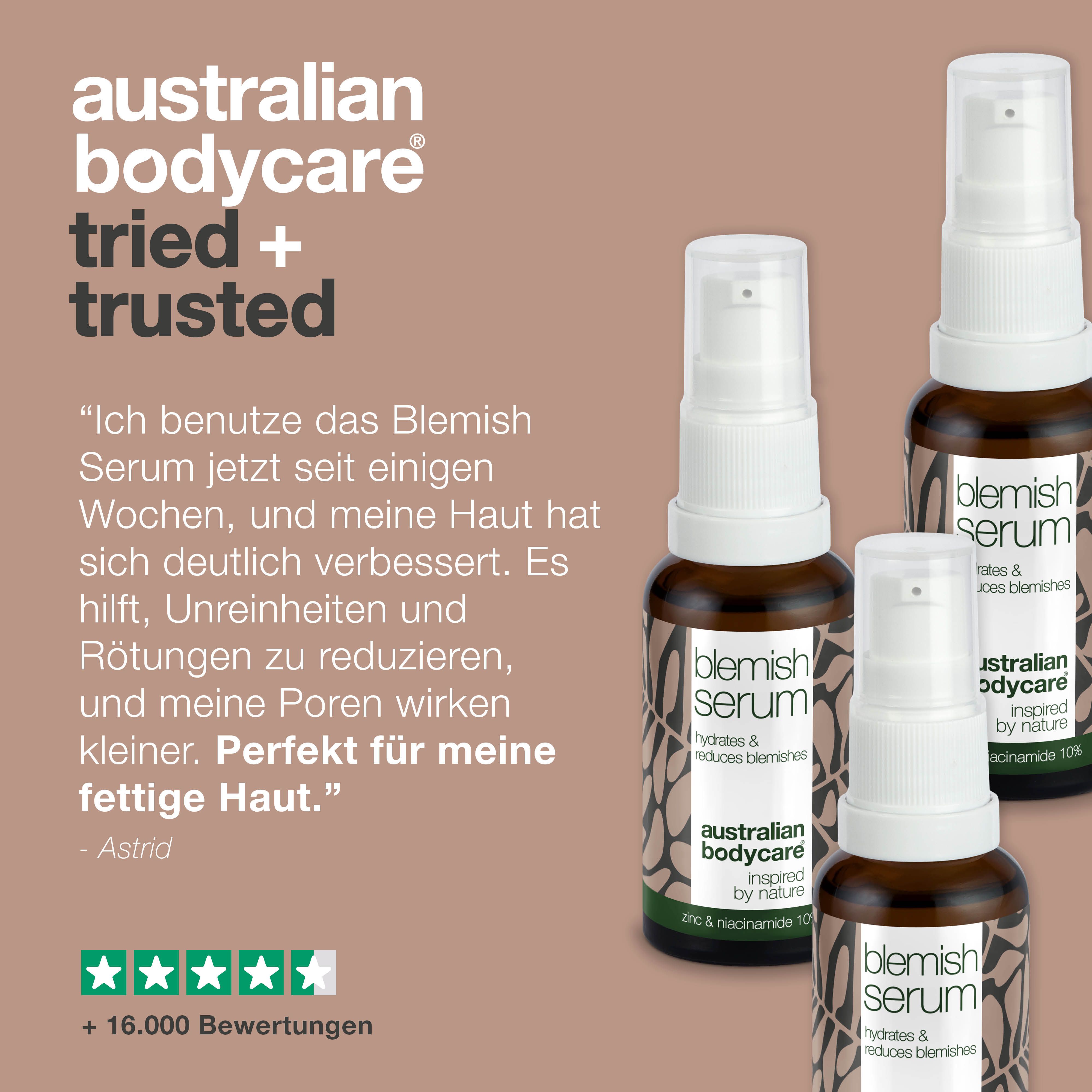Drei Serumflaschen. Text: Australian Bodycare tried + trusted. Zitat: Ich benutze das Blemish Serum.