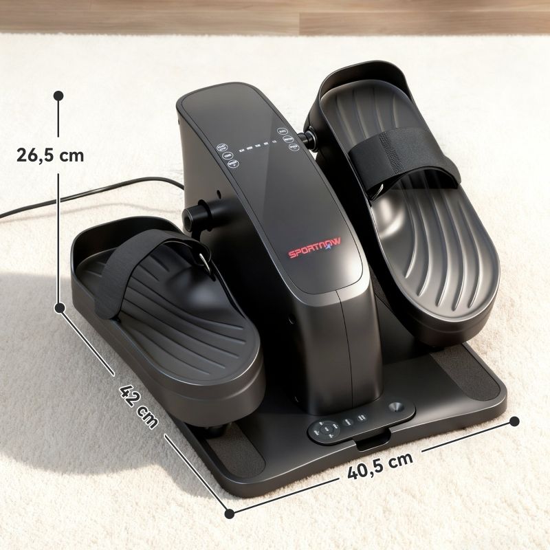 Mini-Ellipsentrainer. Maße: 42x40,5x26,5 cm. Schwarzes Gerät mit Pedalen, Bedienfeld und SPORTNOW-Logo. Auf hellem Teppich.