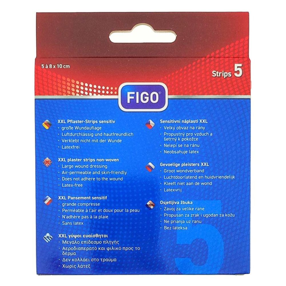Rückseite der Pflasterverpackung. Marke FIGO. Produktbezeichnung und Eigenschaften in mehreren Sprachen. Enthält 5 Streifen.