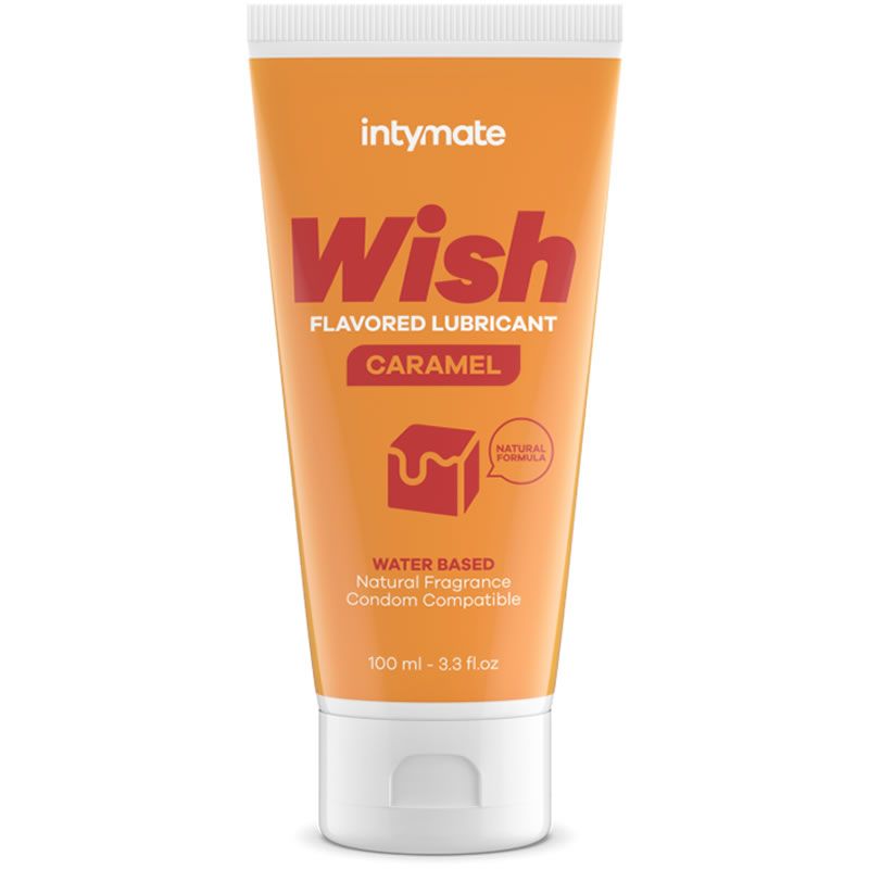 Tube mit Produktbezeichnung "Wish Caramel". Orangefarben, mit weißem Deckel. Text: "Flavored Lubricant", "Natural Formula".