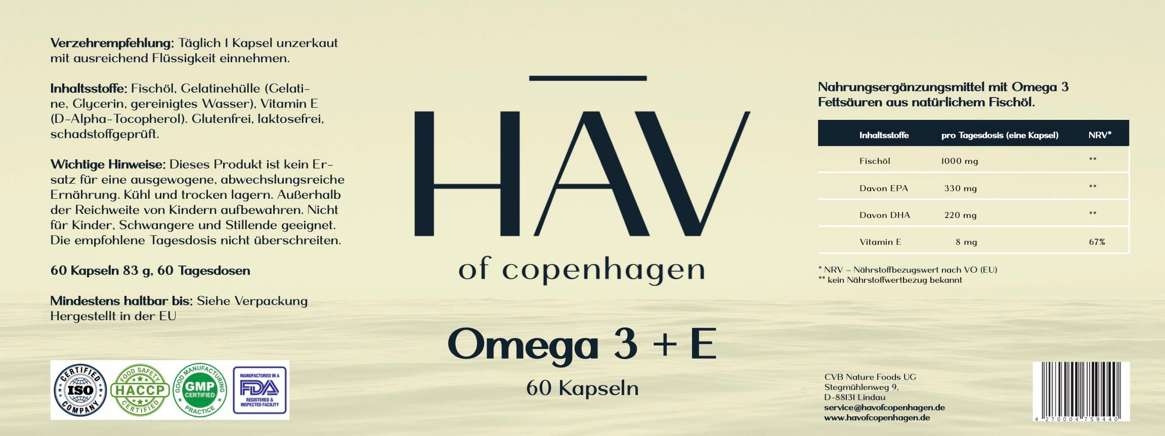 Produktetikett mit Text: HAV of copenhagen, Omega 3 + E, 60 Kapseln. Enthält Nährwertangaben und Zertifizierungen.