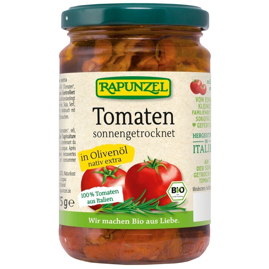 Glas mit getrockneten Tomaten in Olivenöl. Etikett mit Text: Tomaten sonnengetrocknet, 100% aus Italien, Bio-Siegel.