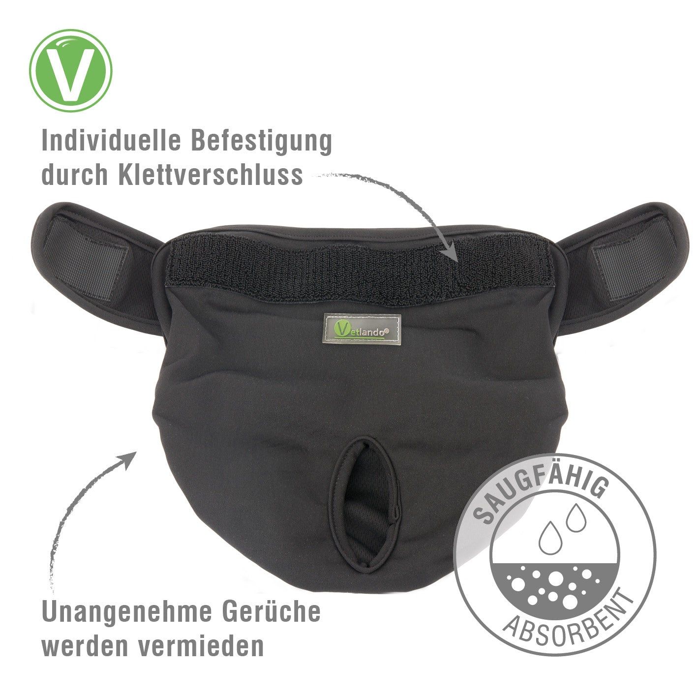 Schwarze Hündinnenwindel mit Text und Symbolen. Klettverschluss, Logo "Vetlando", absorbierend.