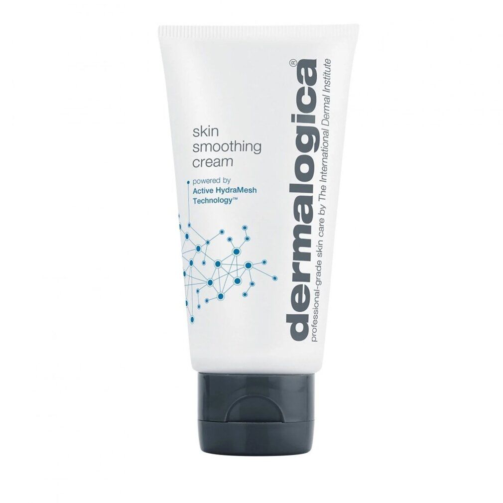 Weiße Tube mit grauer Kappe. Aufschrift: skin smoothing cream, Dermalogica. 1.7 US FL OZ / 100 ml.