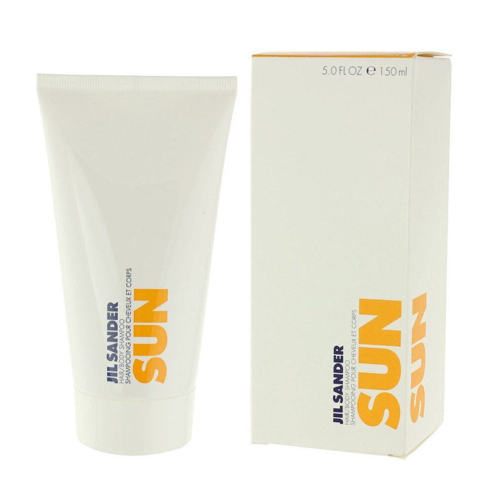 Weiße Tube und Schachtel. Orangefarbener SUN-Schriftzug. Jil Sander Hair & Body Shampoo.