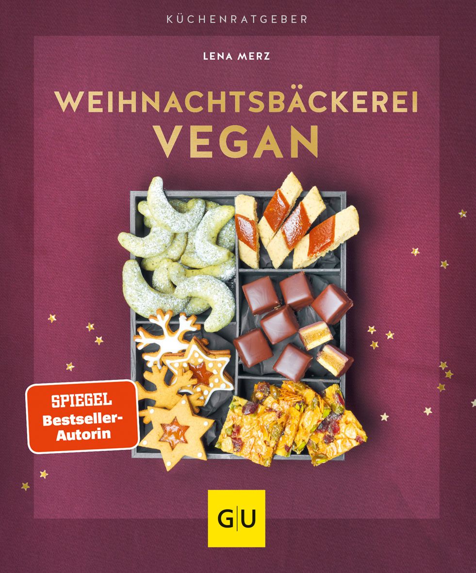 Buchcover mit dem Titel "Weihnachtsbäckerei vegan". Verschiedene vegane Kekse in einer Box. Autorin: Lena Merz. Verlag: GU.