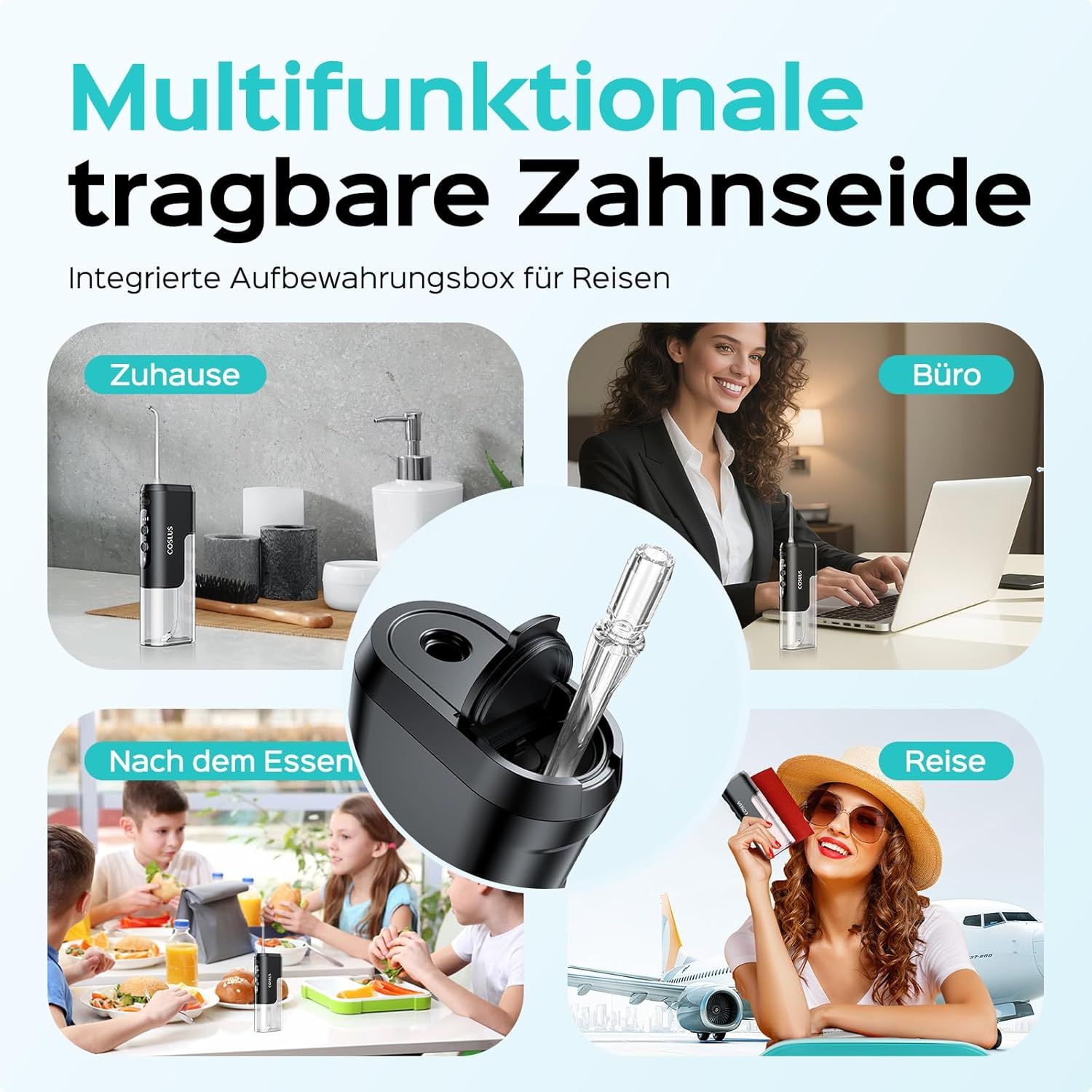 COSLUS Munddusche in verschiedenen Umgebungen: Zuhause, Büro, nach dem Essen, Reise. Mit integrierter Aufbewahrungsbox.