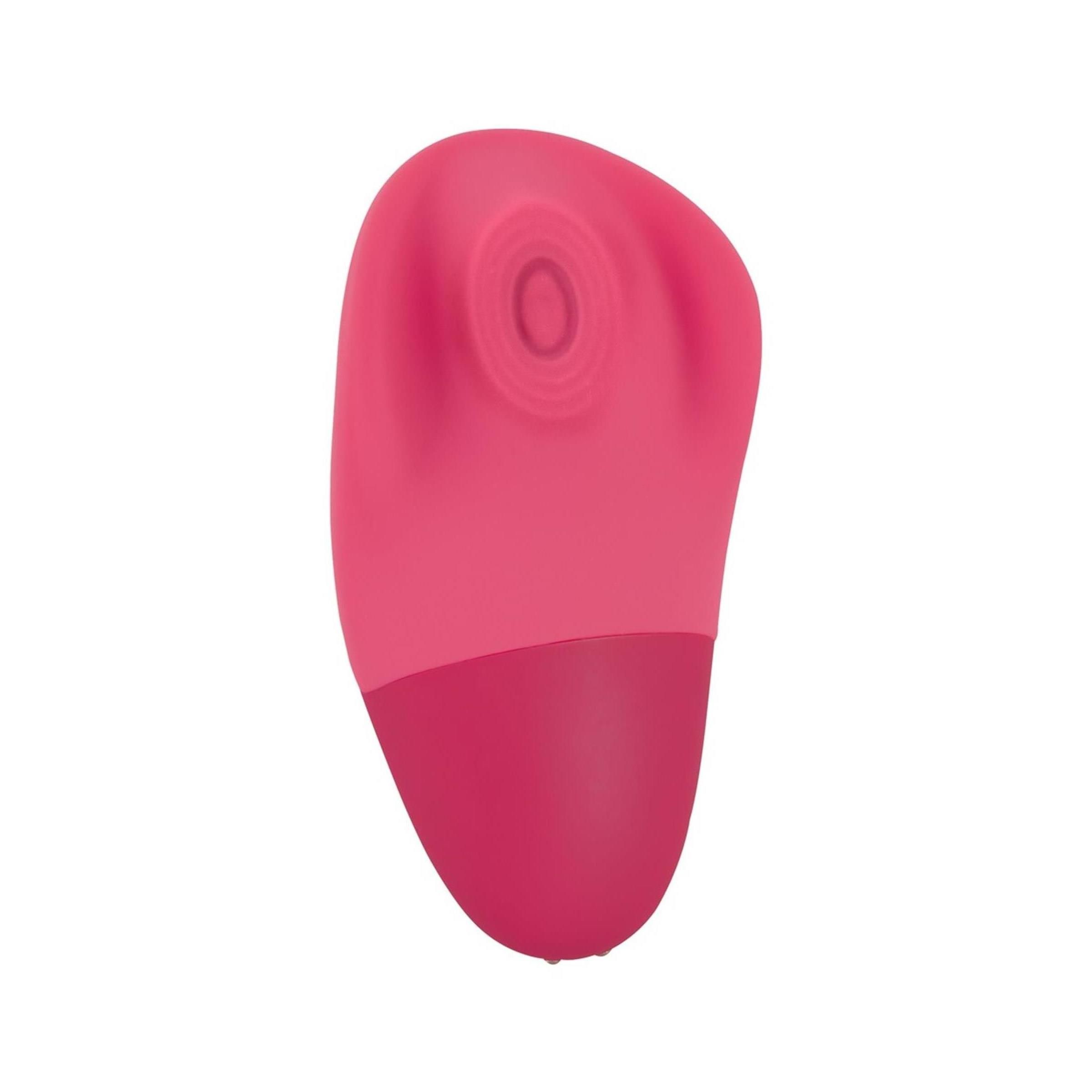 Rosa Vibrator mit abgerundeter Form. Zwei farbliche Bereiche. Oberteil mit erhabenen Elementen.