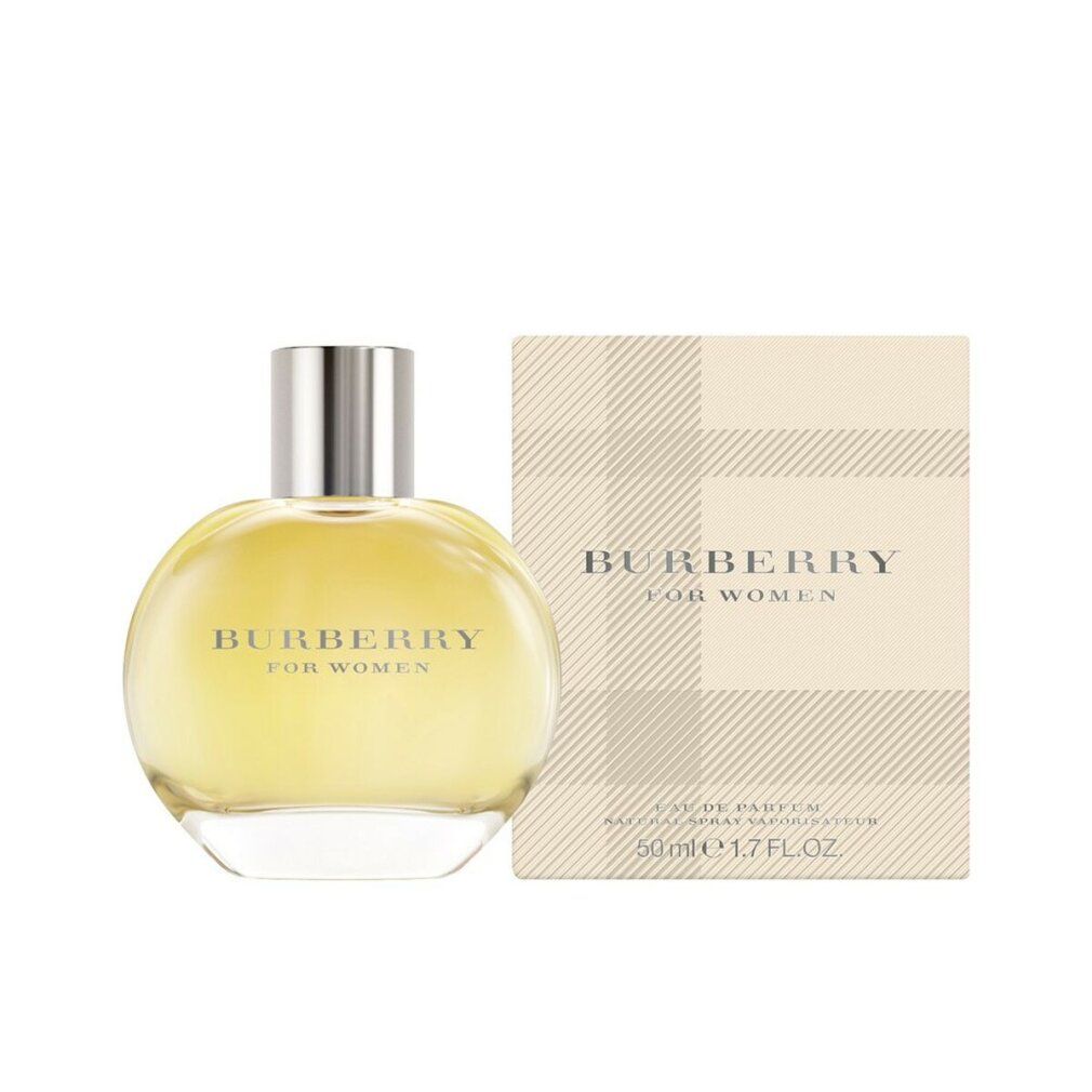 Flakon und Verpackung. Flakon rund, silberner Deckel. Verpackung beige mit Karomuster. Text: BURBERRY FOR WOMEN.