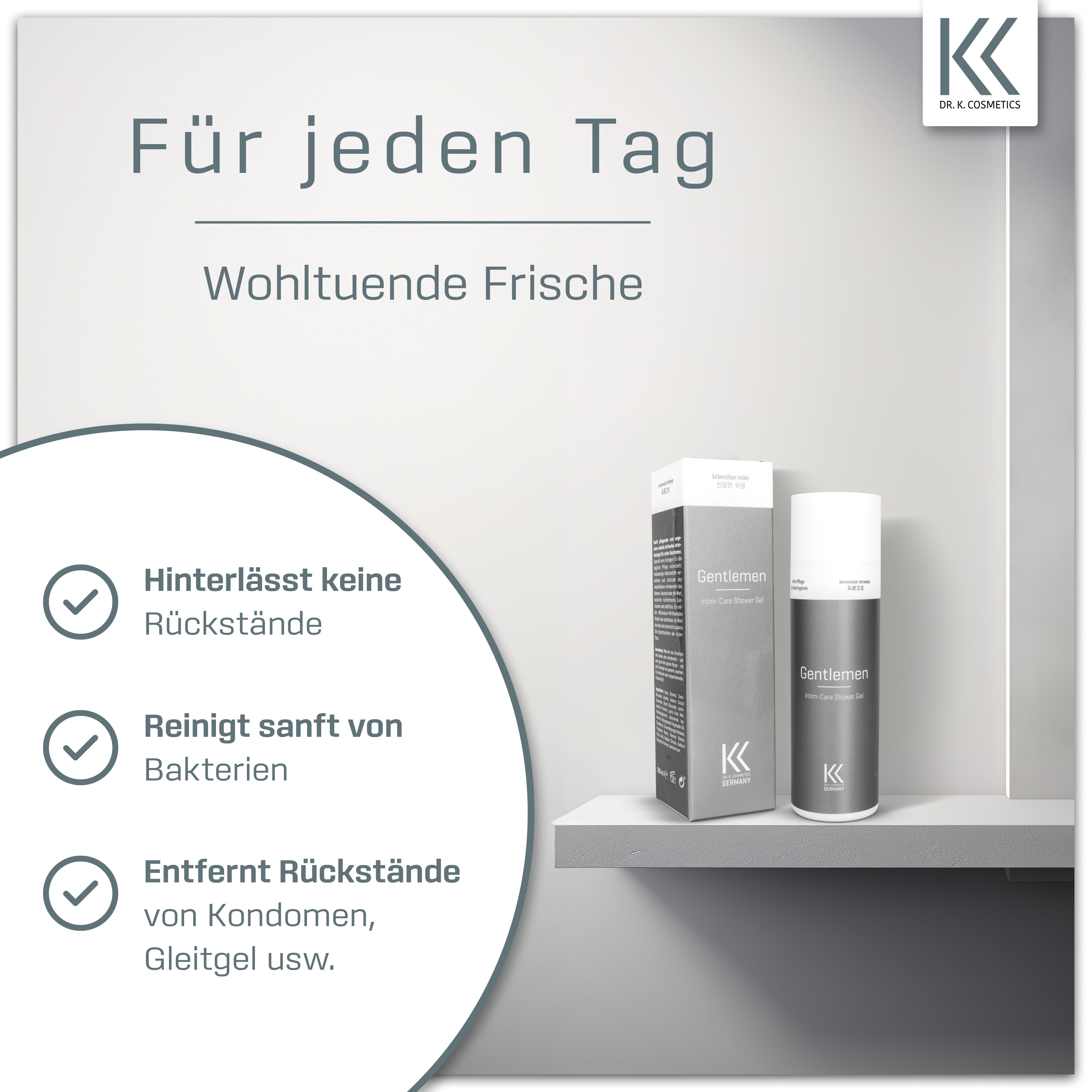 Intim-Duschgel und Verpackung auf Regal. Text: Für jeden Tag, wohltuende Frische. Icons: Keine Rückstände, reinigt sanft, entfernt Rückstände.