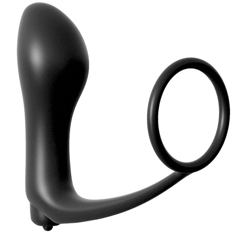 Schwarzes Cockring-Vibrator-Plug. Ringförmiger Cockring, verbunden mit einem gebogenen Schaft und einem abgerundeten Ende.