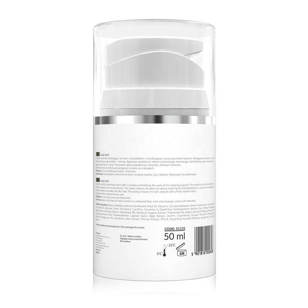 Rückseite einer weißen Creme-Flasche mit Pumpverschluss. Text in mehreren Sprachen. Aufschrift: 50 ml.