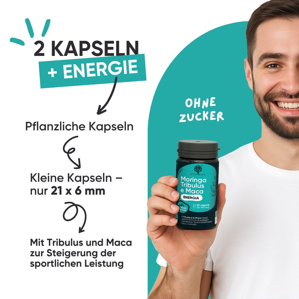 Mann mit Produkt und Hanteln. Text: 2 Kapseln + Energie. Ohne Zucker. Pflanzliche Kapseln.