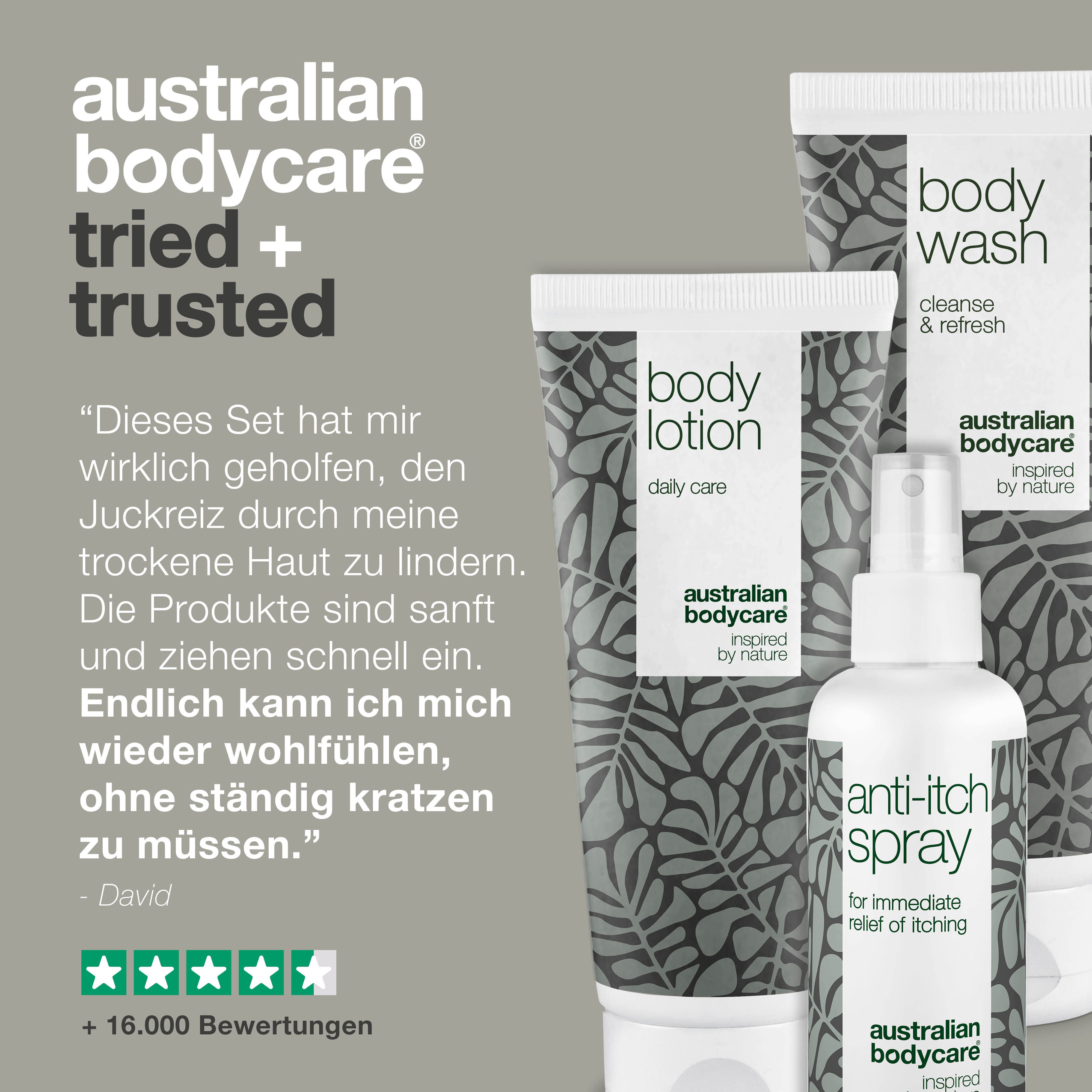 Grafik: Australian Bodycare, tried + trusted. Produkte: Body Wash, Body Lotion, Anti-Juckreiz-Spray.