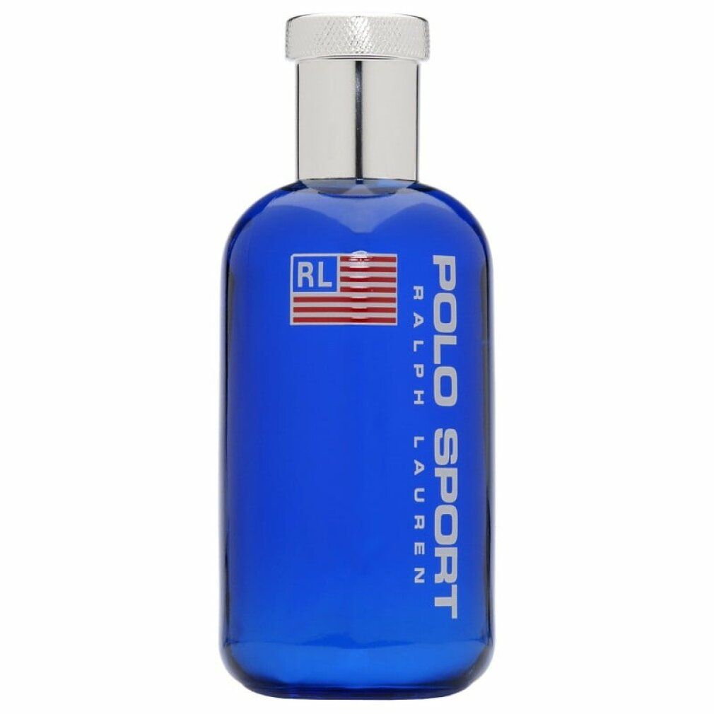 Blaues Parfümflakon mit silbernem Verschluss. Aufschrift Polo Sport Ralph Lauren. Logo mit US-Flagge.