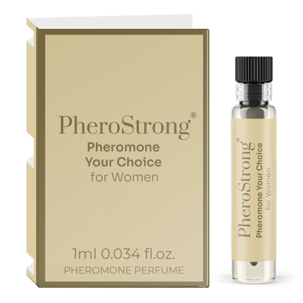 Flakon und Verpackung von PheroStrong. Aufschrift: Pheromone Your Choice for Women. Volumen: 1 ml.