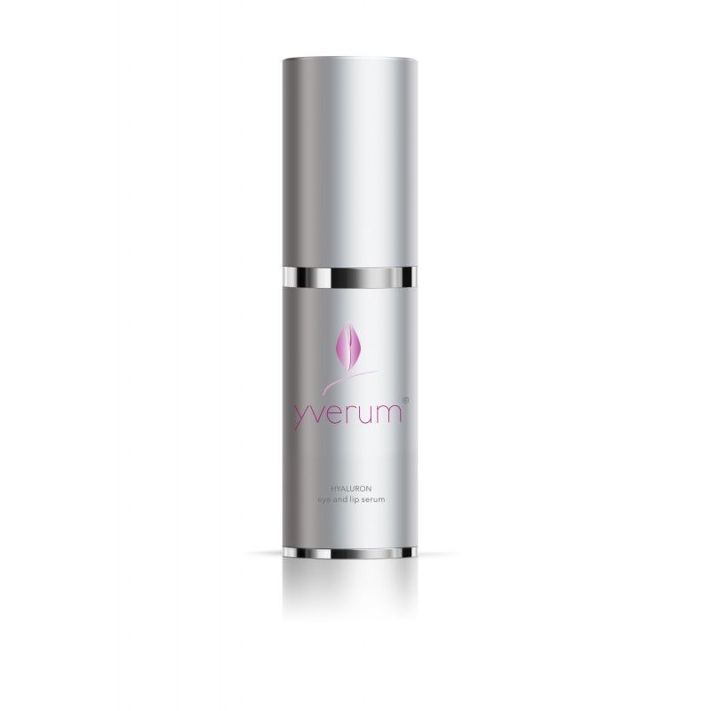 Silberfarbene Flasche mit "yverum"-Logo und Schriftzug "Hyaluron eye and lip serum".