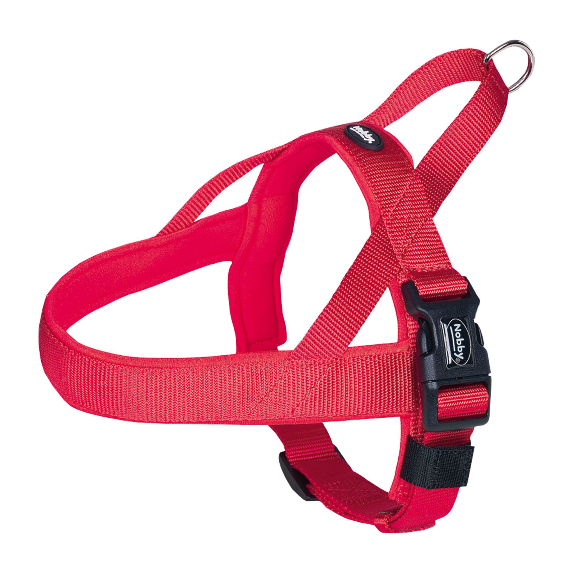 Rotes Norwegergeschirr mit schwarzem Verschluss. Marke Nobby. Metallring für Leine.